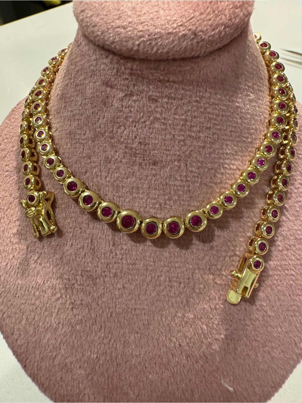 14K Gold Plated Ruby Red CZ Tennis Graduating Bezel Tennis Necklace 16”